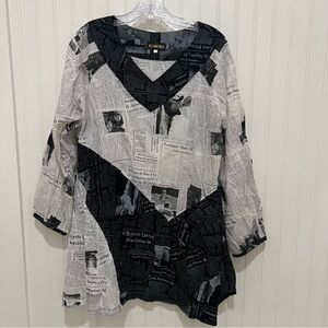 Ki Meng Artsy  Newspaper Print Blouse Tunic Lagenlook